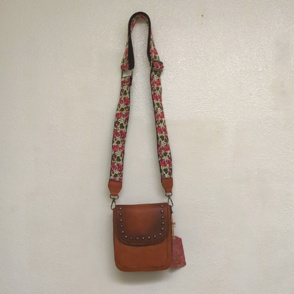 Vegan Leather Brown Crossbody Bag with Floral Strap
